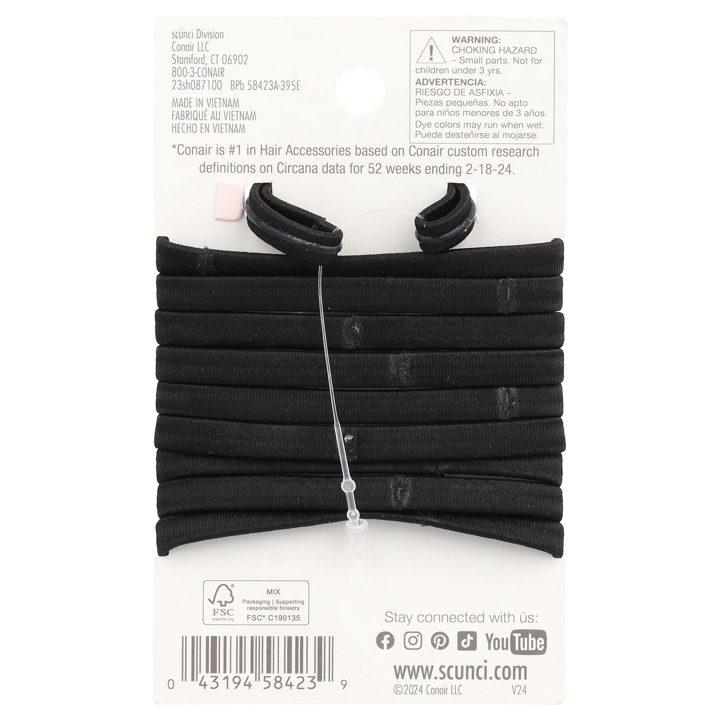 Scunci, No-Slip Grip® Elastics, All Day Strong Hold, Black, 10 Pieces