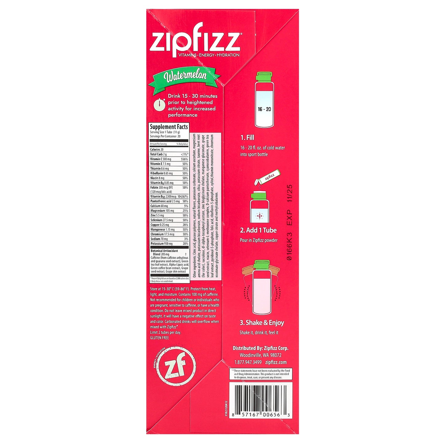 Zipfizz, Energy Drink Mix, Watermelon, 20 Tubes, 0.39 oz (11 g) Each