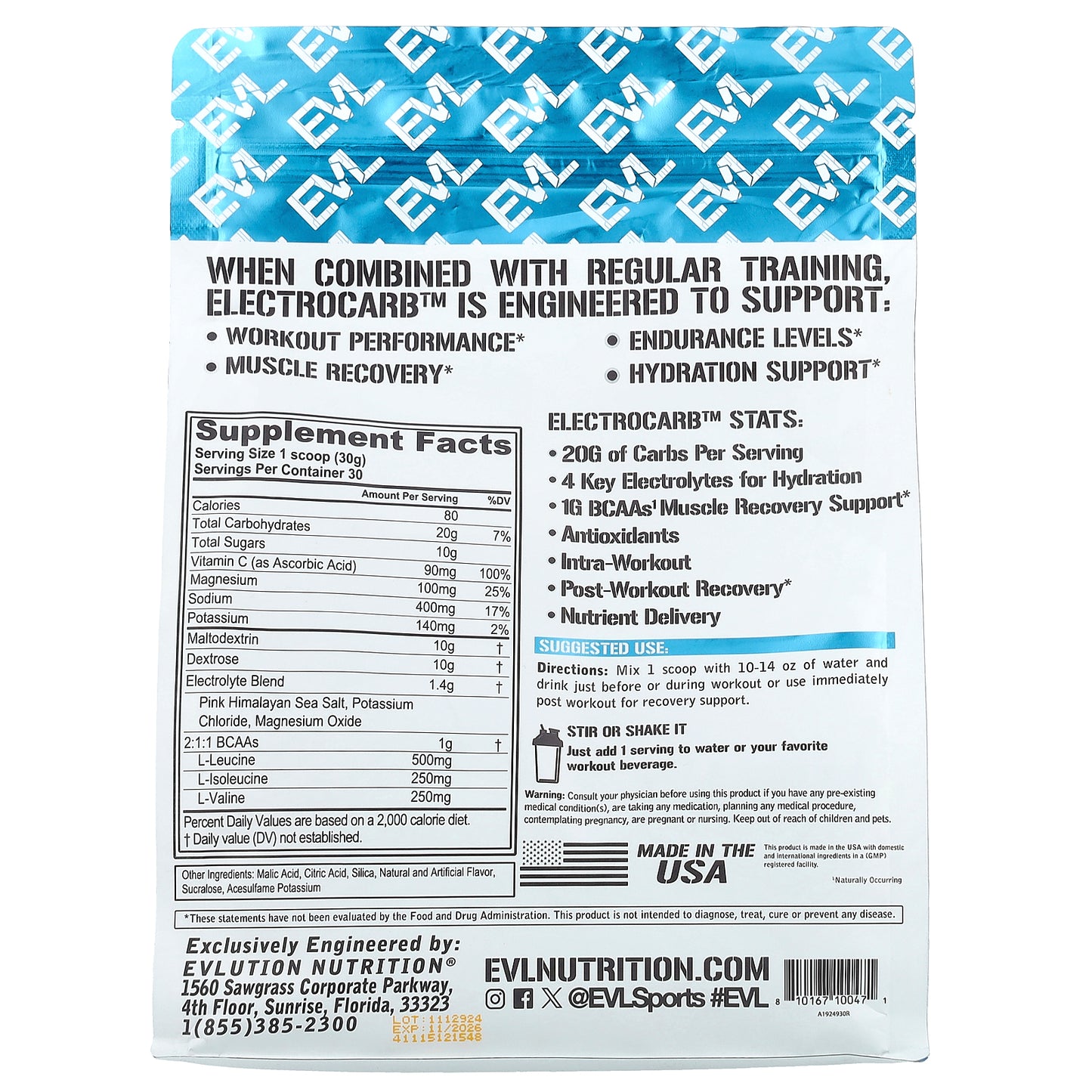 EVLution Nutrition, Electrocarb™, Electrolytes+Carbohydrates, Blue Rasberry, 31.75 oz (900 g)