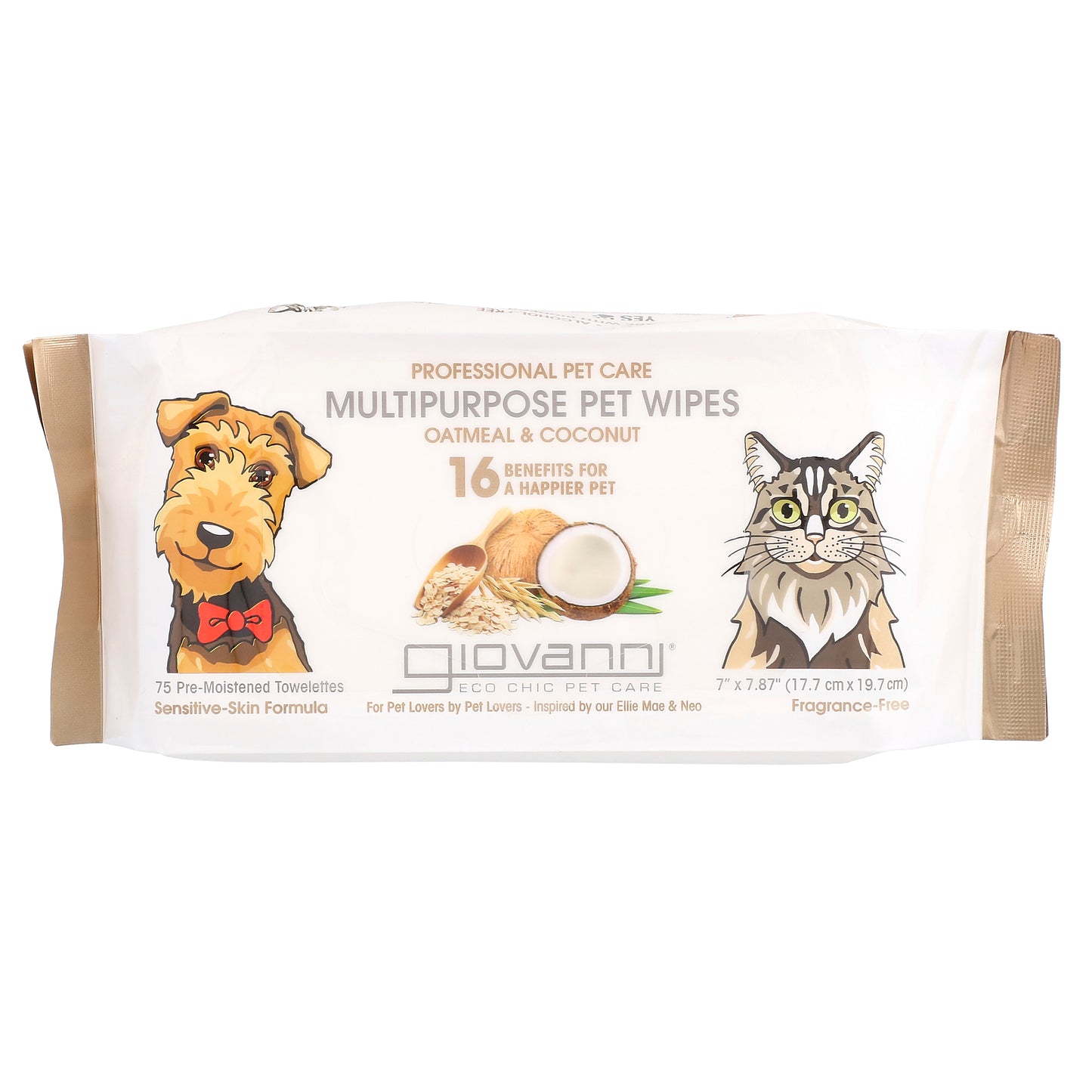 Giovanni, Professional Pet Care, Multipurpose Pet Wipes, For Dogs and Cats, Oatmeal & Coconut, Fragrance-Free, 75 Pre-Moistened Towelettes