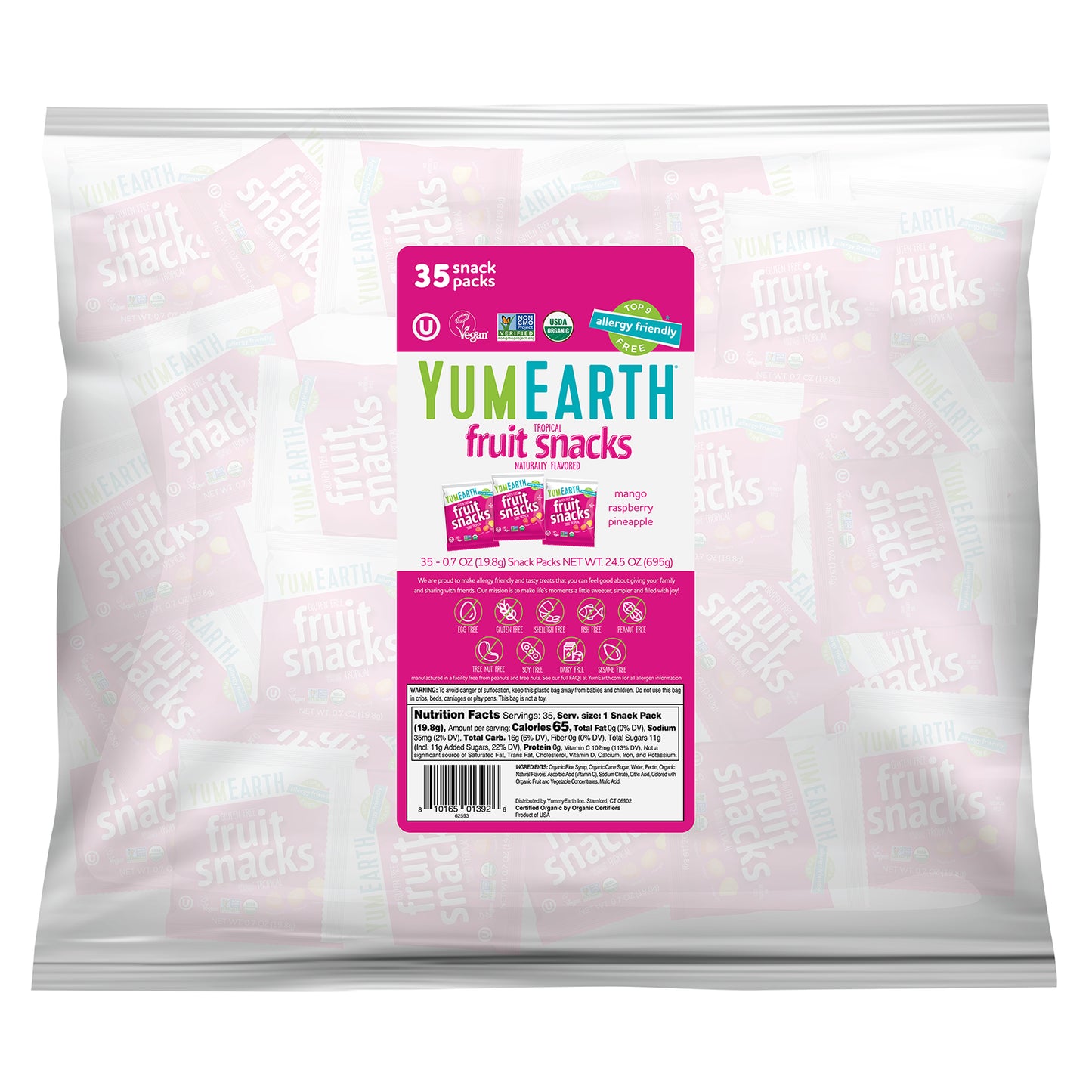YumEarth, Gluten Free Fruit Snacks, Tropical, 35 Snack Packs, 0.7 oz (19.8 g) Each