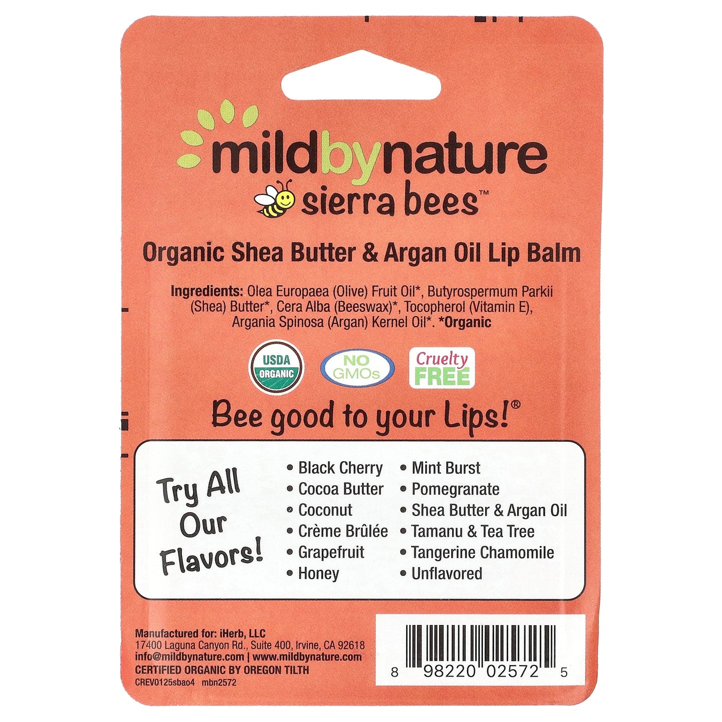 Mild By Nature, Sierra Bees™, Organic Lip Balms, Shea Butter & Argan Oil, 4 Pack, 0.15 oz (4.25 g) Each