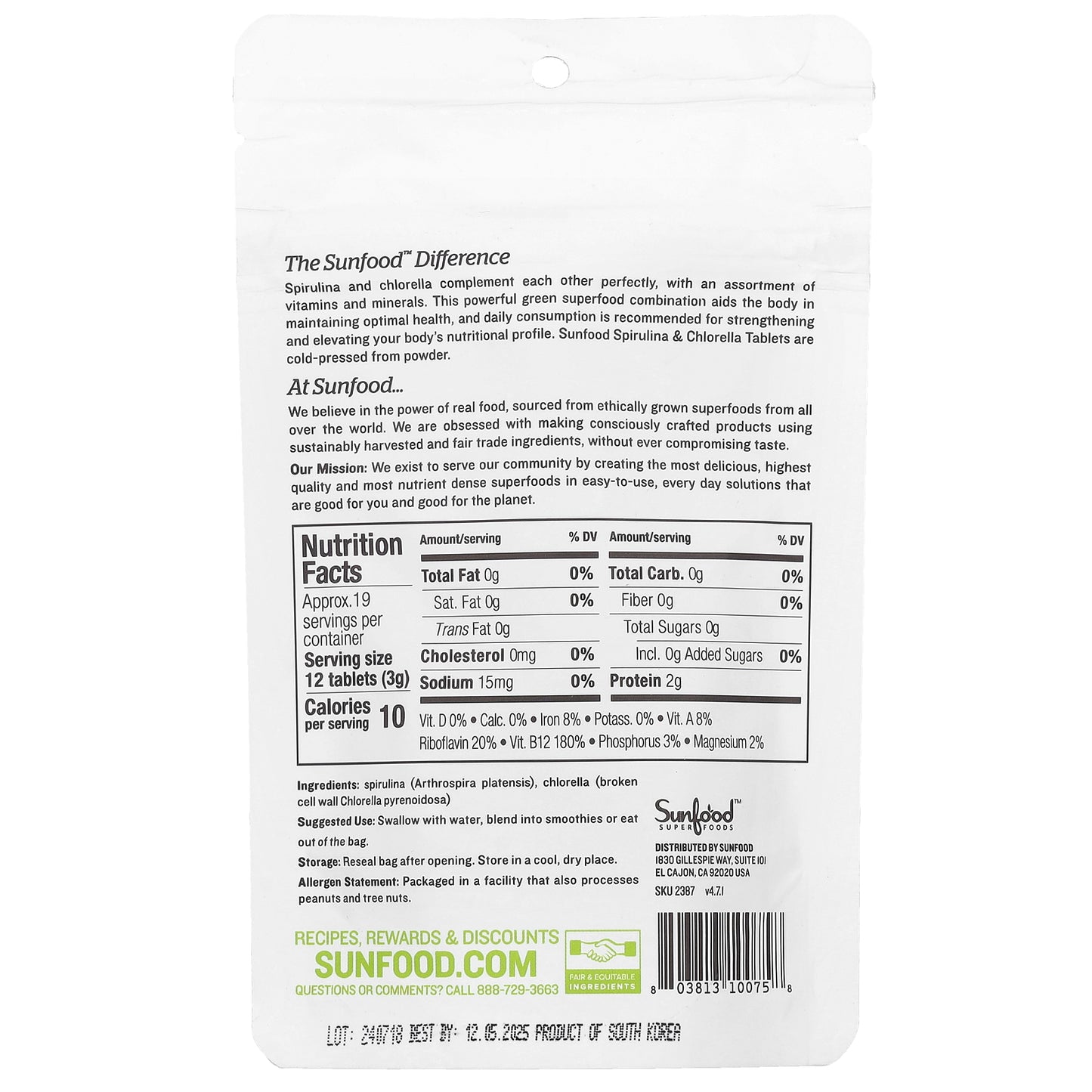 Sunfood, Super Algae Tablets, Spirulina & Chlorella, 250 mg, Approx. 228 Tablets, 2 oz (57 g)