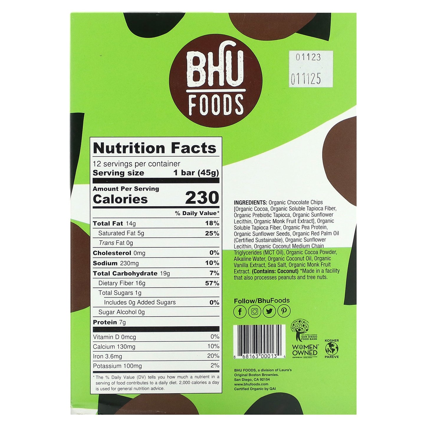 BHU Foods, Vegan Protein Bar, Double Dark Chocolate Chip, 12 Bars, 1.6 oz (45 g) Each