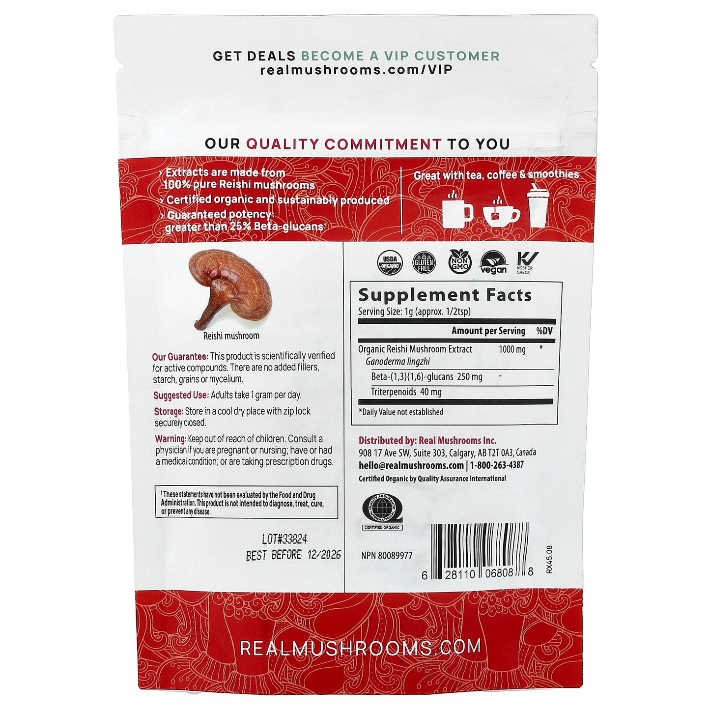 Real Mushrooms, Reishi, Organic Mushroom Extract Powder, 1.59 oz (45 gm)