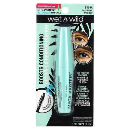 wet n wild, Mega Protein Waterproof Mascara, C154A Very Black, 0.21 fl oz (6 ml)