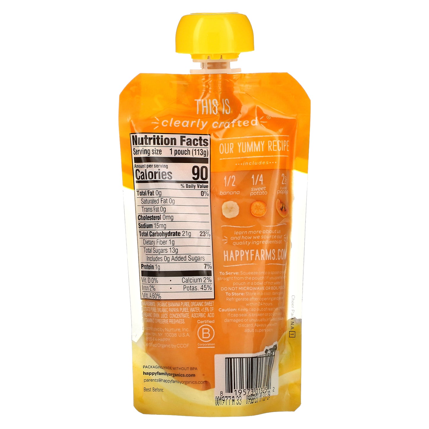 Happy Family Organics, Happy Baby®, Organic Baby Food, 6+ Months, Bananas, Sweet Potatoes, & Papayas, 4 oz (113 g)