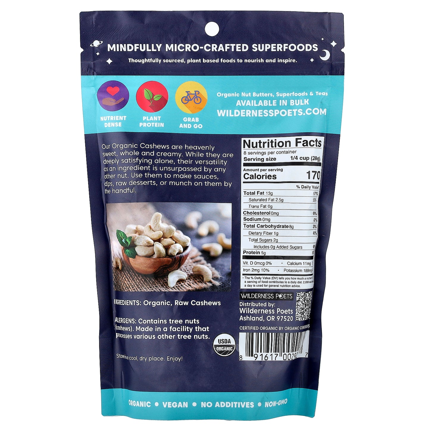 Wilderness Poets, Organic Whole Cashews, 8 oz (226 g)