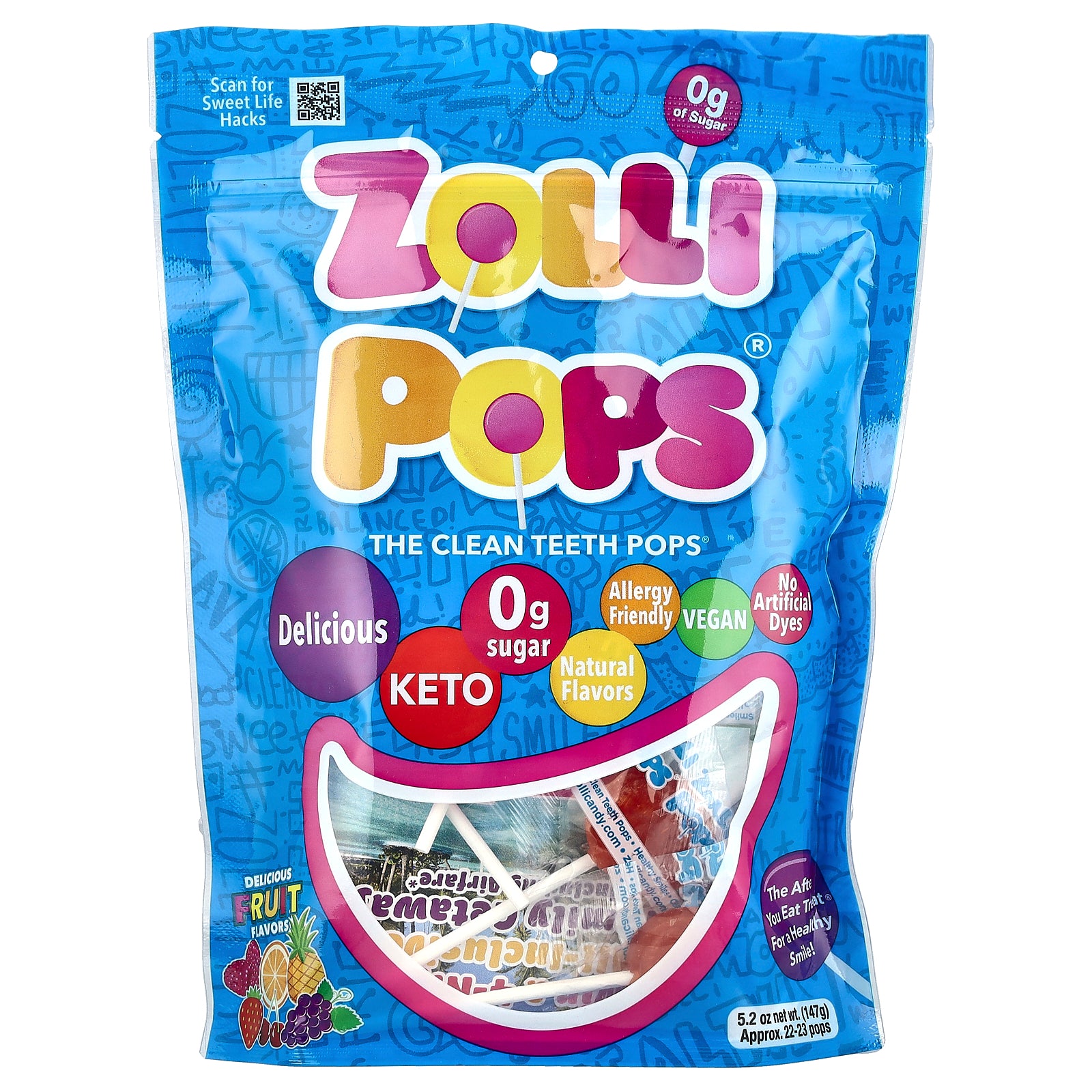 Zollipops, The Clean Teeth Pops®, Delicious Fruit , Approx. 23-25 Pops, 5.2 oz (142 g)