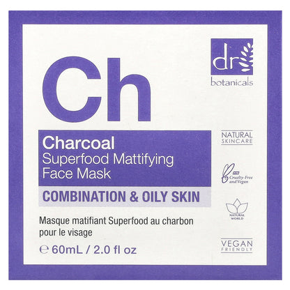 Dr. Botanicals, Superfood Mattifying Face Beauty Mask, Charcoal, 2 fl oz (60 ml)