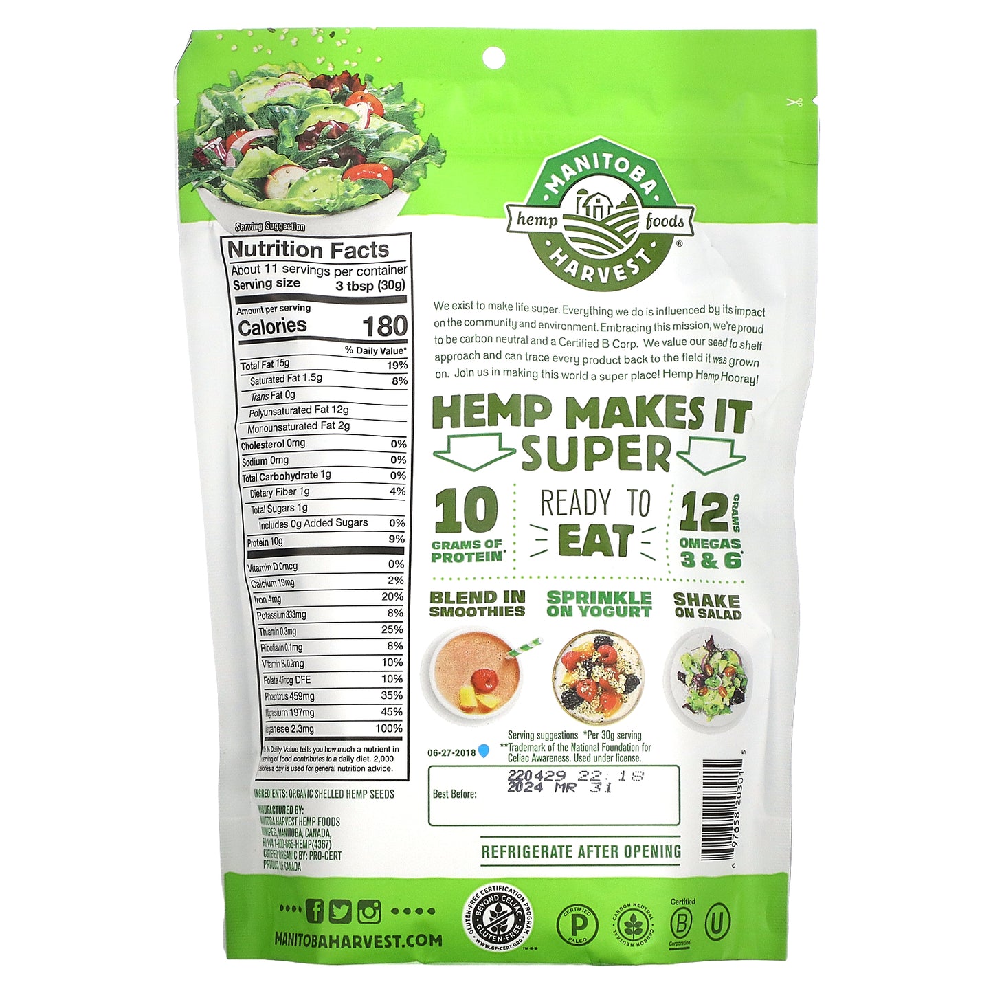 Manitoba Harvest, Hemp Hearts, Organic Shelled Hemp Seeds, Delicious Nutty, 12 oz (340 g)