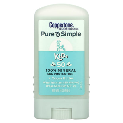 Coppertone, Pure & Simple, Kids, Sunscreen Stick, SPF 50, Cocoa Butter, 0.49 oz (13.9 g)
