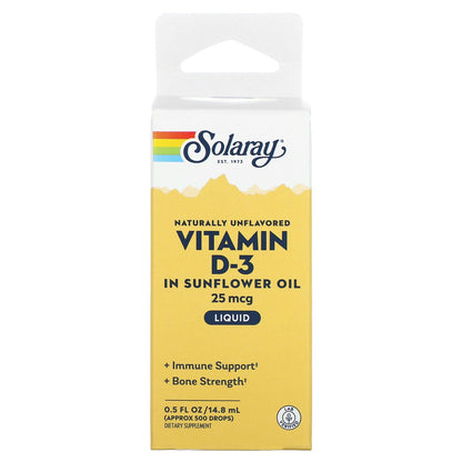 Solaray, Vitamin D-3 In Sunflower Oil, Naturally Unflavored, 25 mcg, 0.5 fl oz (14.8 ml)