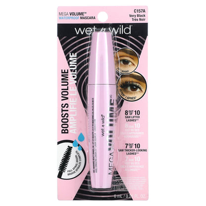 wet n wild, Mega Volume Waterproof Mascara, C157A Very Black, 0.21 fl oz (6 ml)