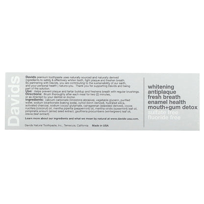 Davids, Premium Toothpaste, Whitening + Antiplaque, Natural Mint + Charcoal, 1.75 oz (50 g)