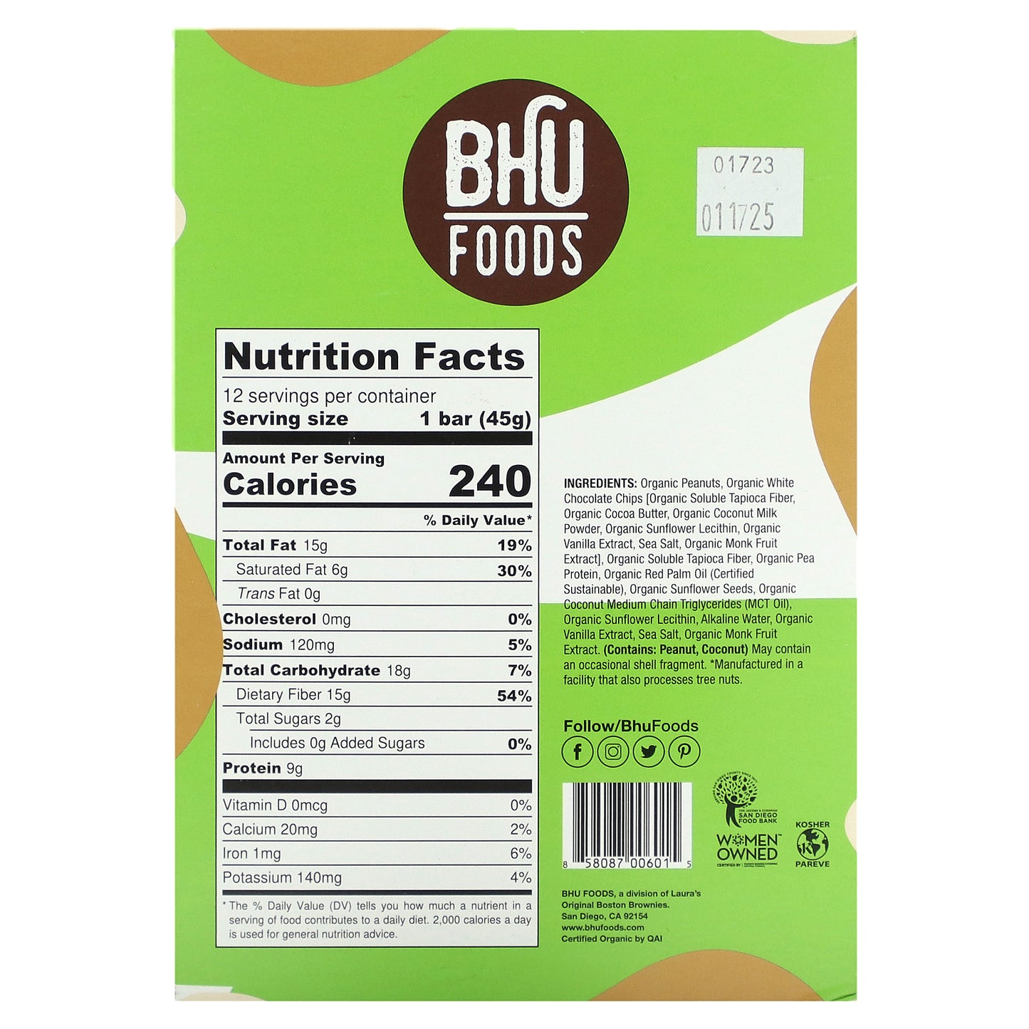 BHU Foods, Plant Protein Bar, Peanut Butter + White Chocolate, 12 Bars, 1.6 oz (45 g) Each