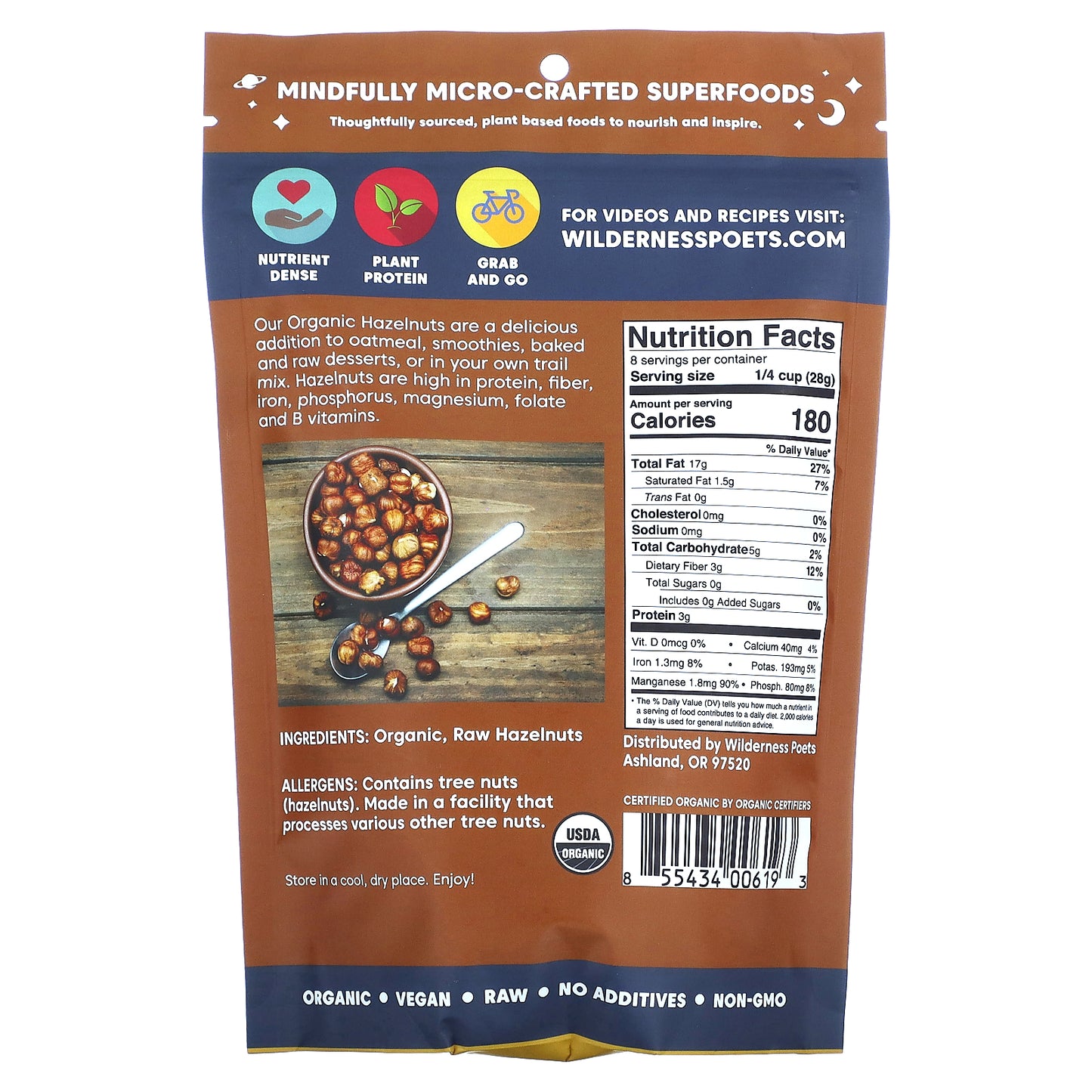 Wilderness Poets, Organic Pacific Northwest Hazelnuts, Unsalted, 8 oz (226 g)