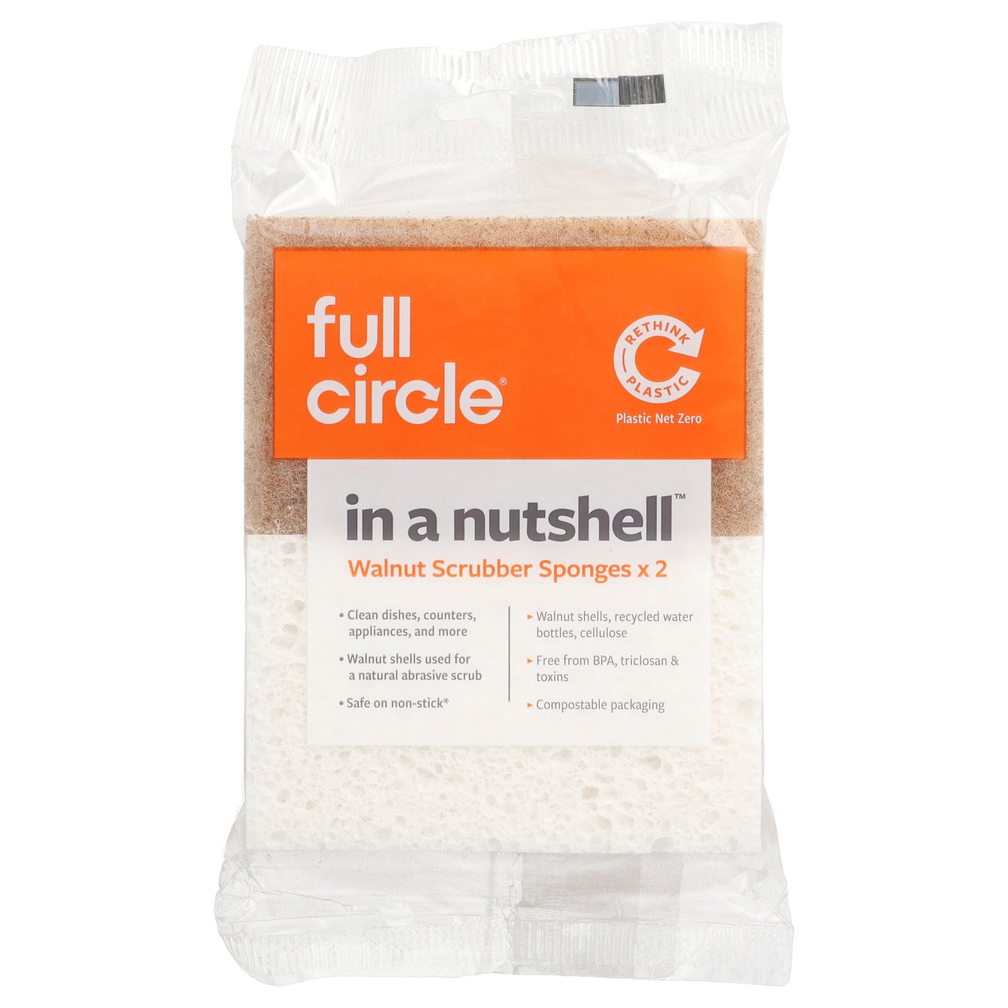 Full Circle, In a Nutshell™, Walnut Scrubber Sponges, 2 Sponges, 4.4" x 2.75" (11.2 cm x 7 cm) Each