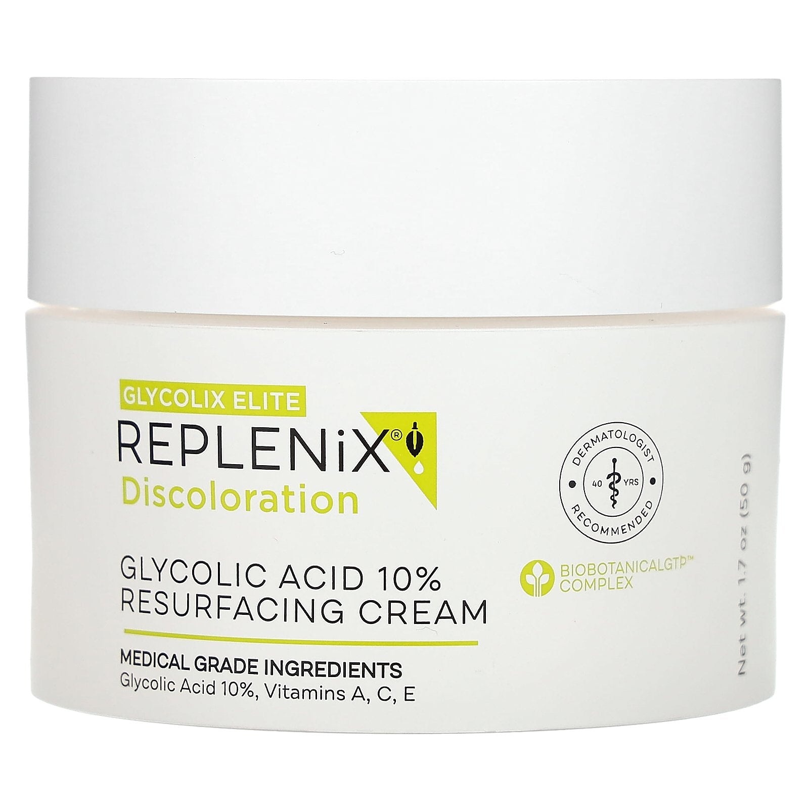 Replenix, Discoloration, Glycolic Acid 10% Resurfacing Cream, Fragrance Free, 1.7 oz (50 g)