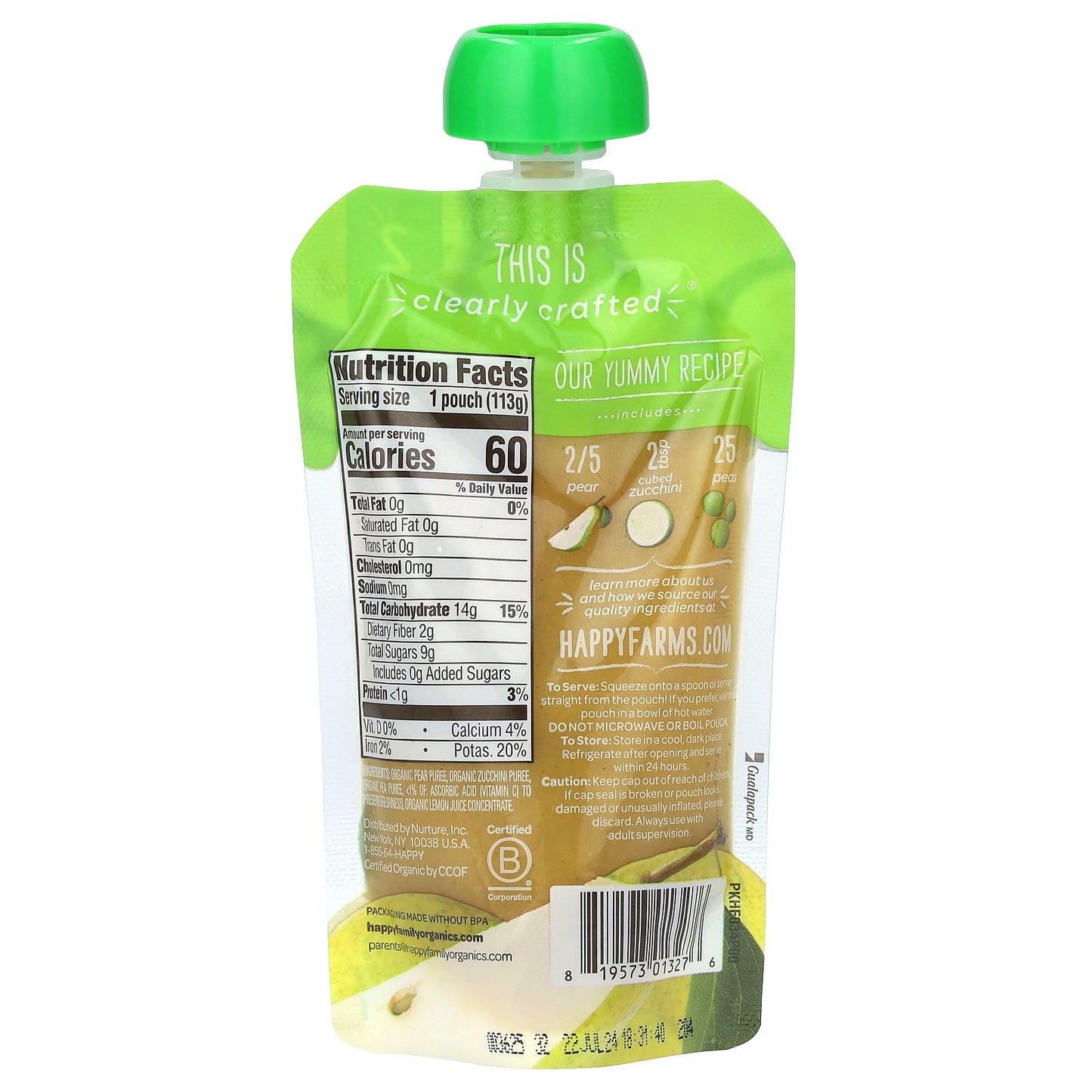 Happy Family Organics, Happy Baby, Organic Baby Food, 6+ Months, Pears, Zucchini & Peas, 4 oz (113 g)