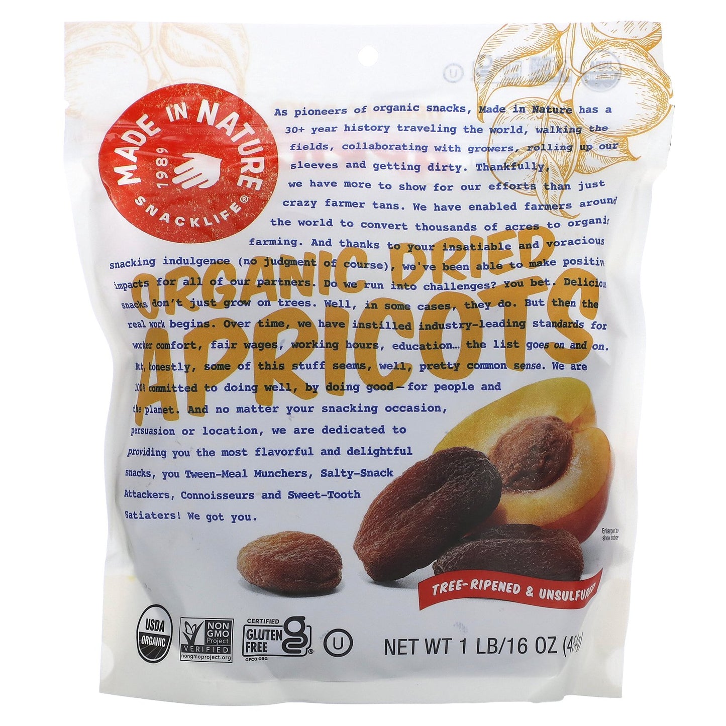 Made in Nature, Organic Dried Apricots, Tree-Ripened & Unsulfured, 1 lb (454 g)