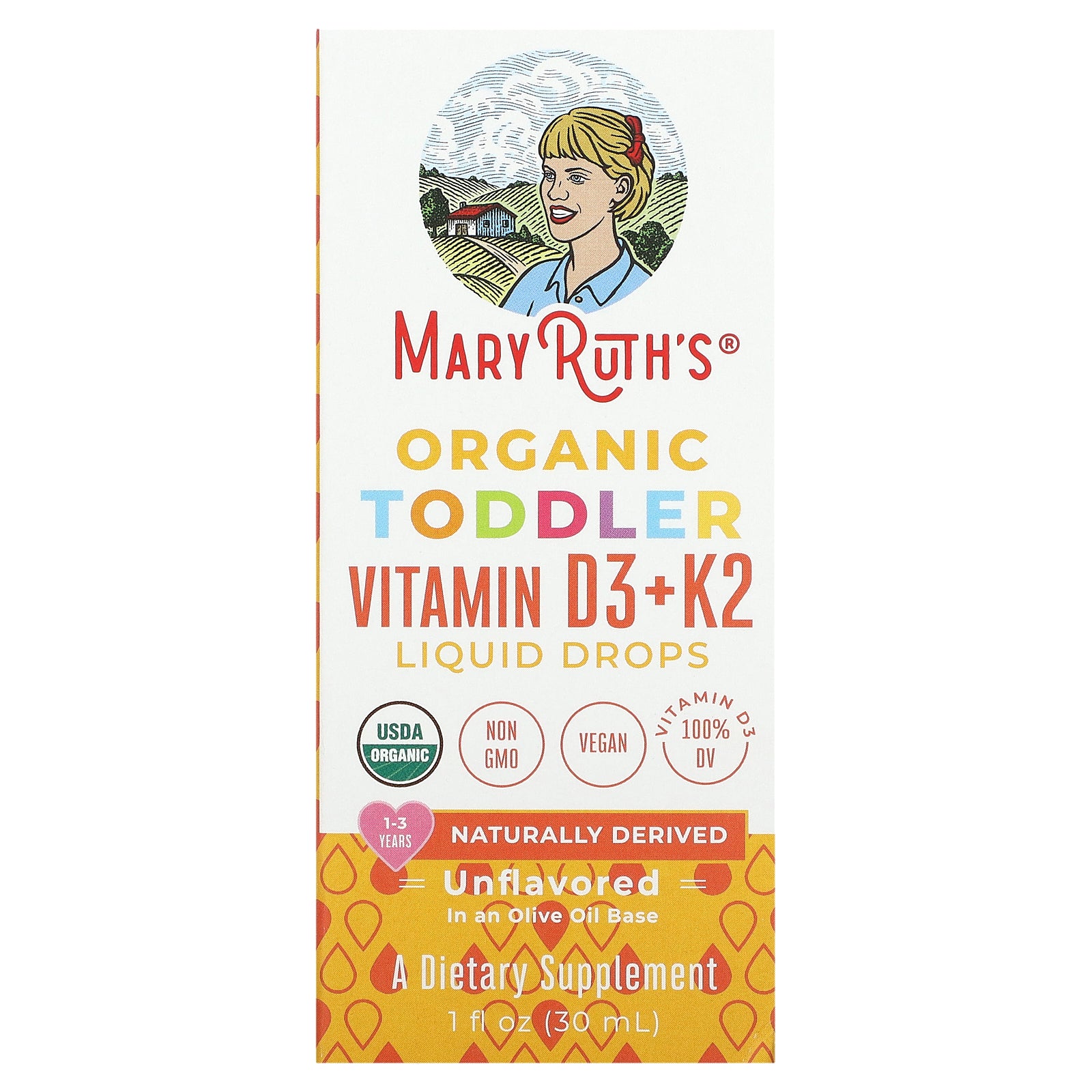 MaryRuth's, Organic Toddler Vitamin D3 + K2 Liquid Drops, 1-3 Years, Unflavored, 1 fl oz (30 ml)