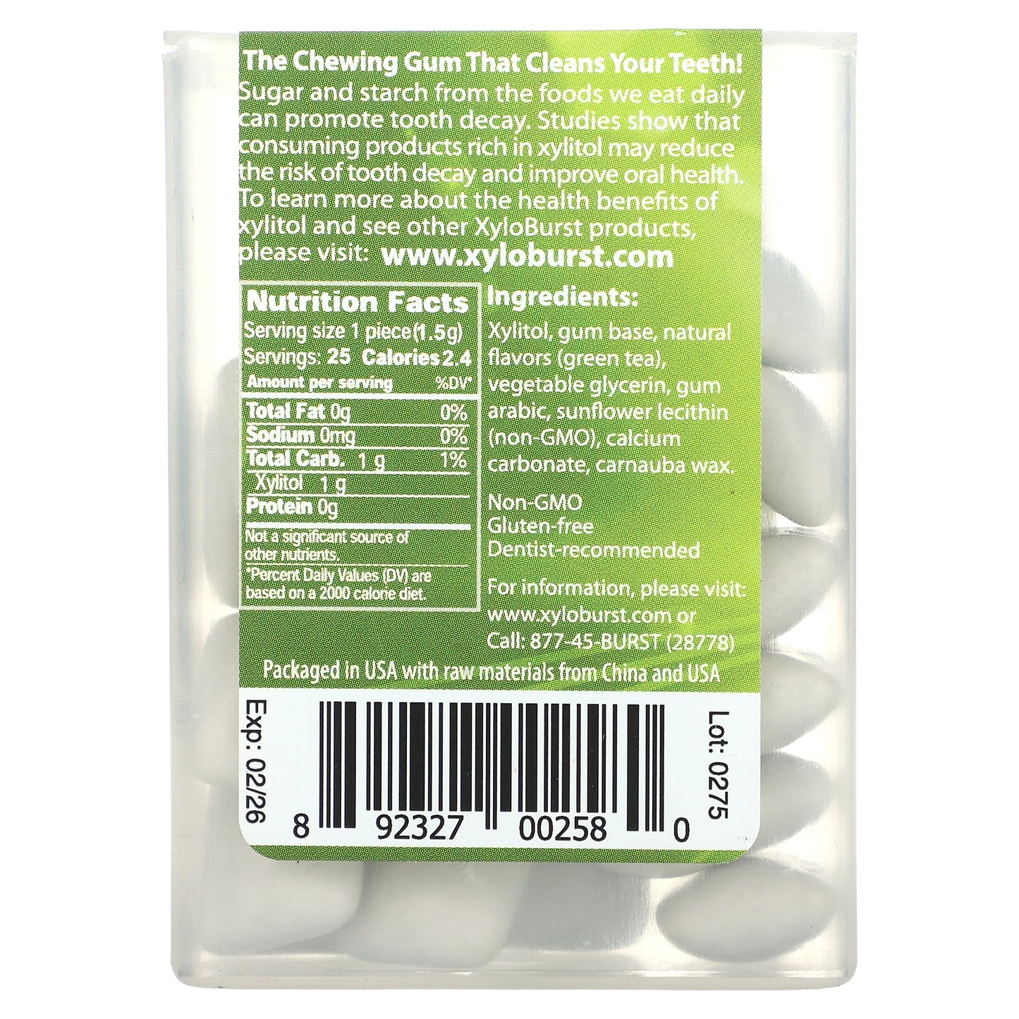 Xyloburst, Xylitol Gum, Green Tea, 25 Pieces