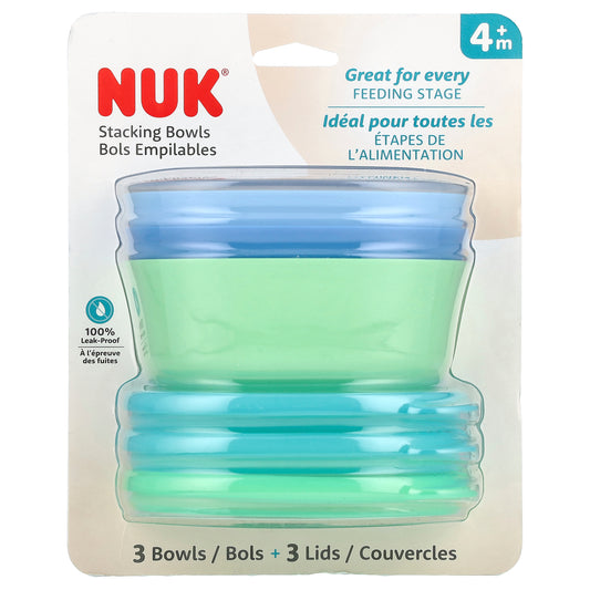 NUK, Stacking Bowls, 4+ Months, Blue & Green, 3 Bowls + 3 Lids