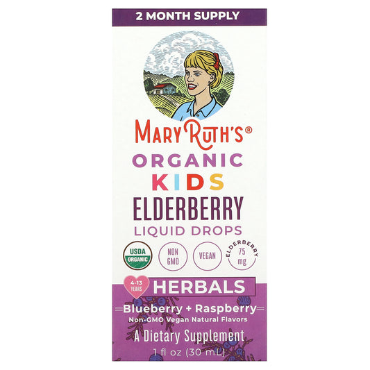 MaryRuth's, Organic Kids Elderberry Liquid Drops, 4-13 Years, Blueberry + Raspberry, 1 fl oz (30 ml)