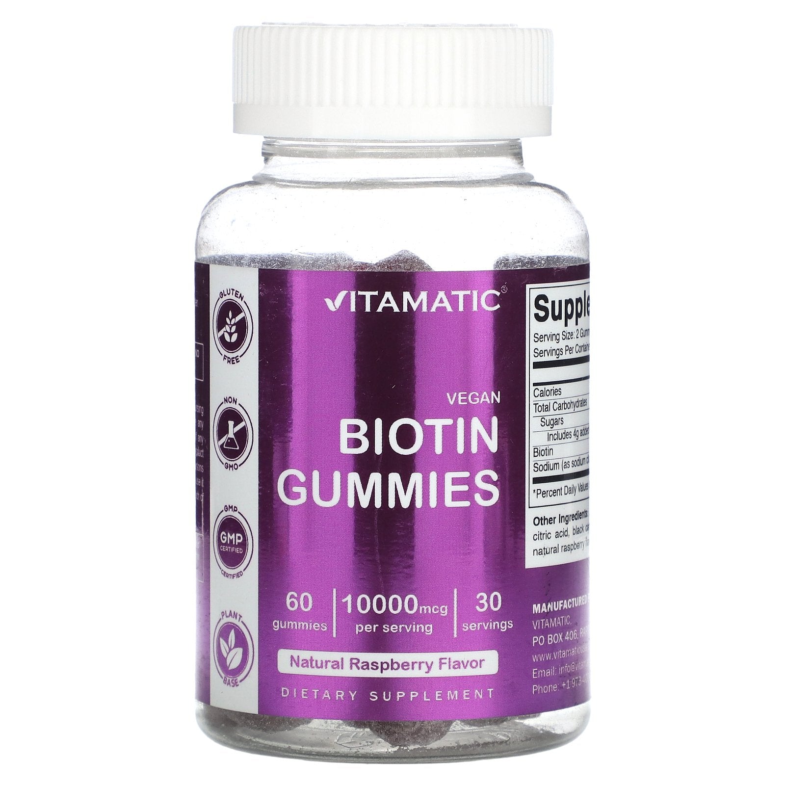 Vitamatic, Vegan Biotin Gummies, Natural Raspberry, 60 Gummies