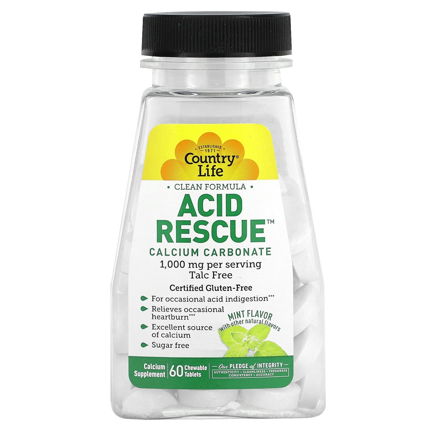 Country Life, Acid Rescue, Calcium Carbonate, Mint, 60 Chewable Tablets