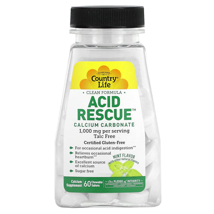 Country Life, Acid Rescue, Calcium Carbonate, Mint, 60 Chewable Tablets