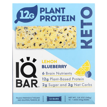 IQBAR, Plant Protein Bar, Lemon Blueberry, 12 Bars, 1.6 oz (45 g) Each