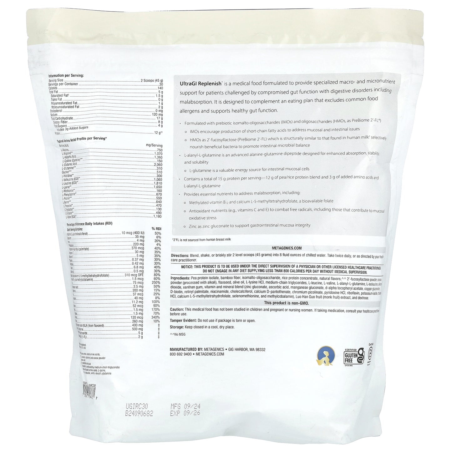 Metagenics, UltraGI Replenish®, Chocolate, 47.62 oz (1,350 g)