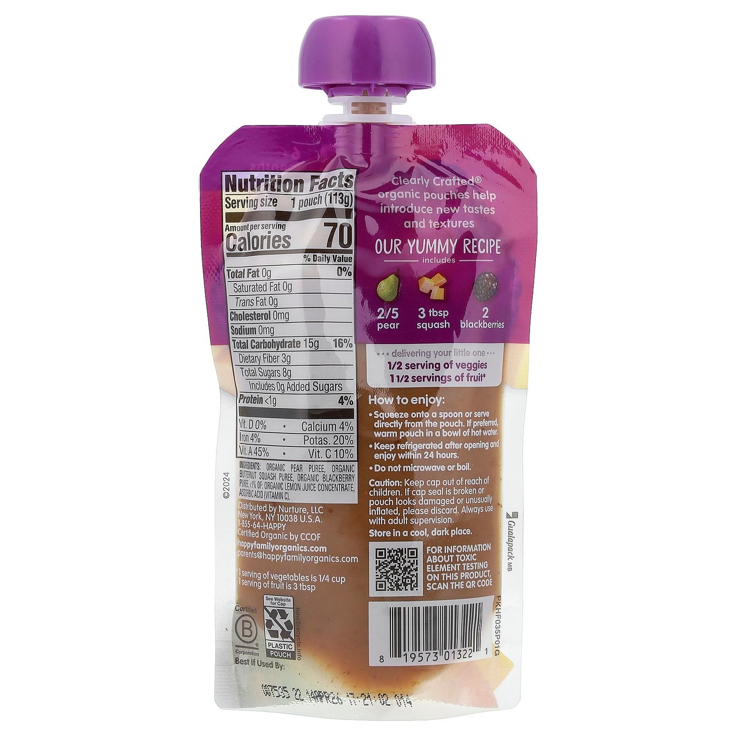 Happy Family Organics, Happy Baby®, Organic Baby Food, 6+ Months, Pears, Squash & Blackberries, 4 oz (113 g)