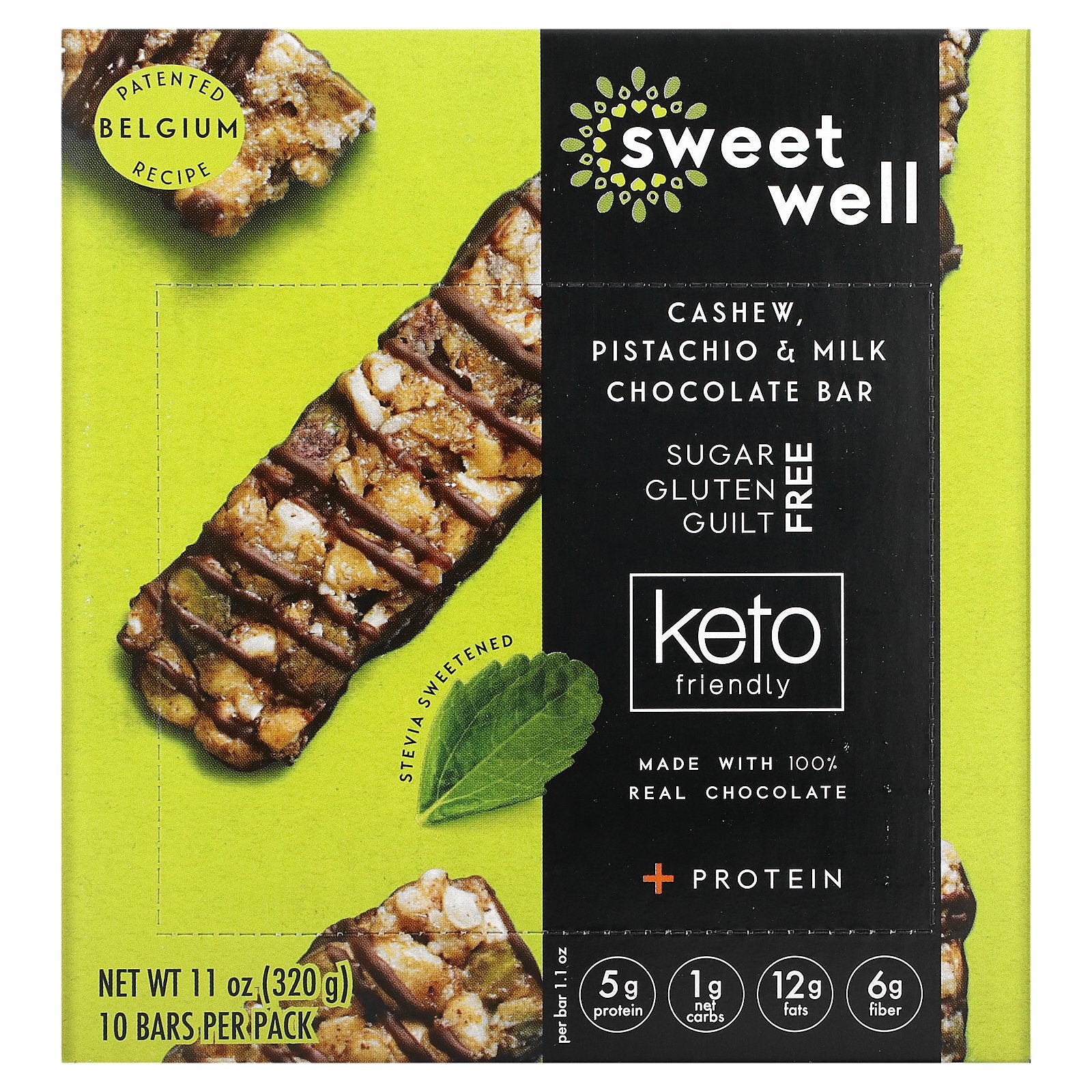 Sweetwell, Keto Bar, Cashew Pistachio & Milk Chocolate, 10 Bars, 1.1 oz (32 g) Each