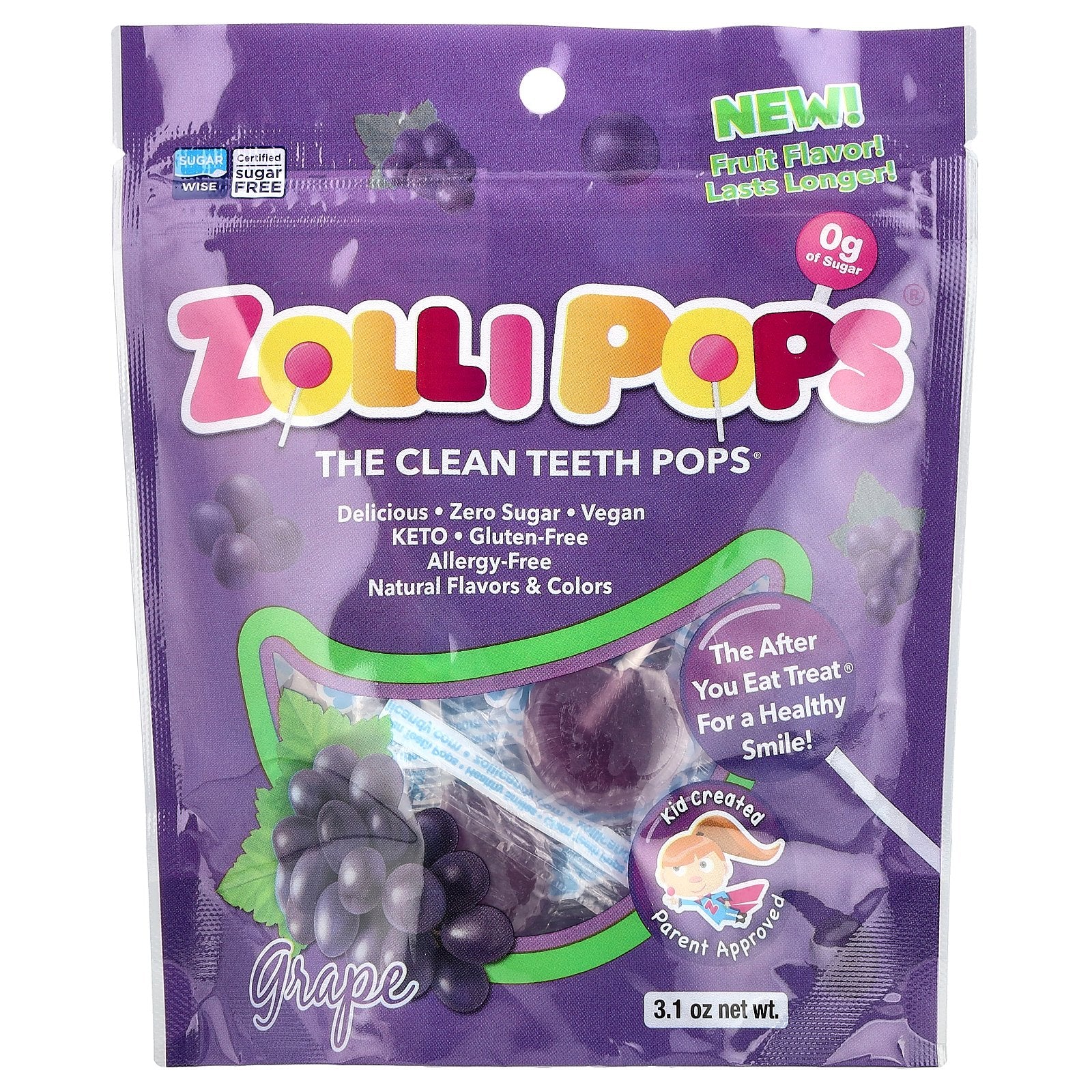 Zollipops, The Clean Teeth Pops®, Grape, 3.1 oz