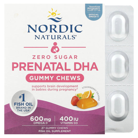Nordic Naturals, Zero Sugar Prenatal DHA, Strawberry Orange, 27 Gummy Chews