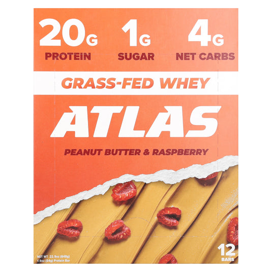 Atlas Bar, Grass-Fed Whey Protein Bar, Peanut Butter & Raspberry, 12 Bars, 1.9 oz (54 g) Each