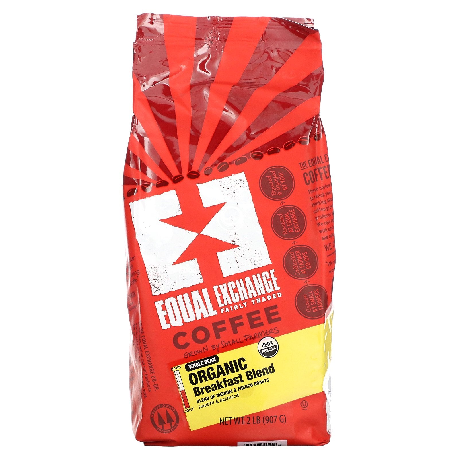 Equal Exchange, Organic Coffee, Breakfast Blend, Whole Bean, Medium & French Roasts, 2 lb (907 g)