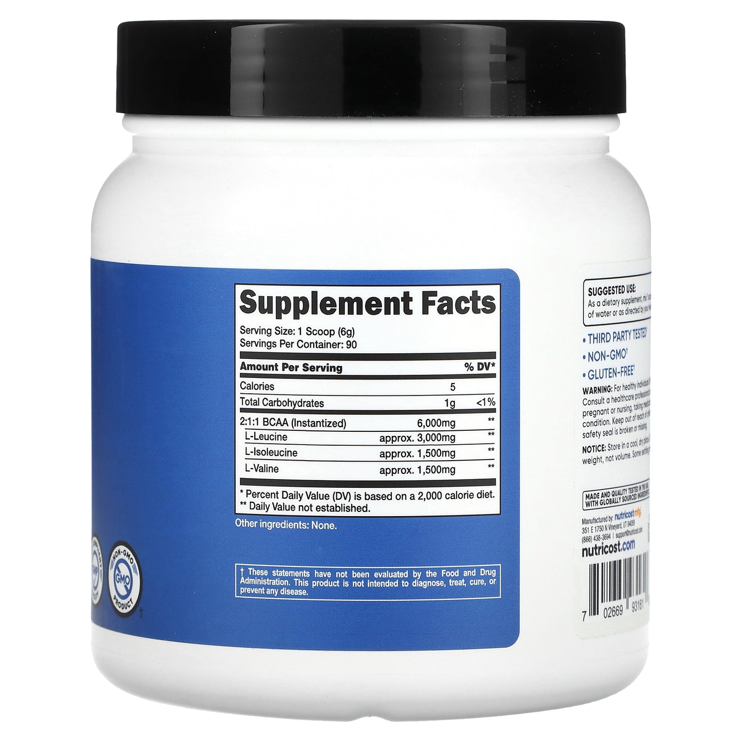 Nutricost, Performance, BCAA, Unflavored, 1.2 lb (540 g)