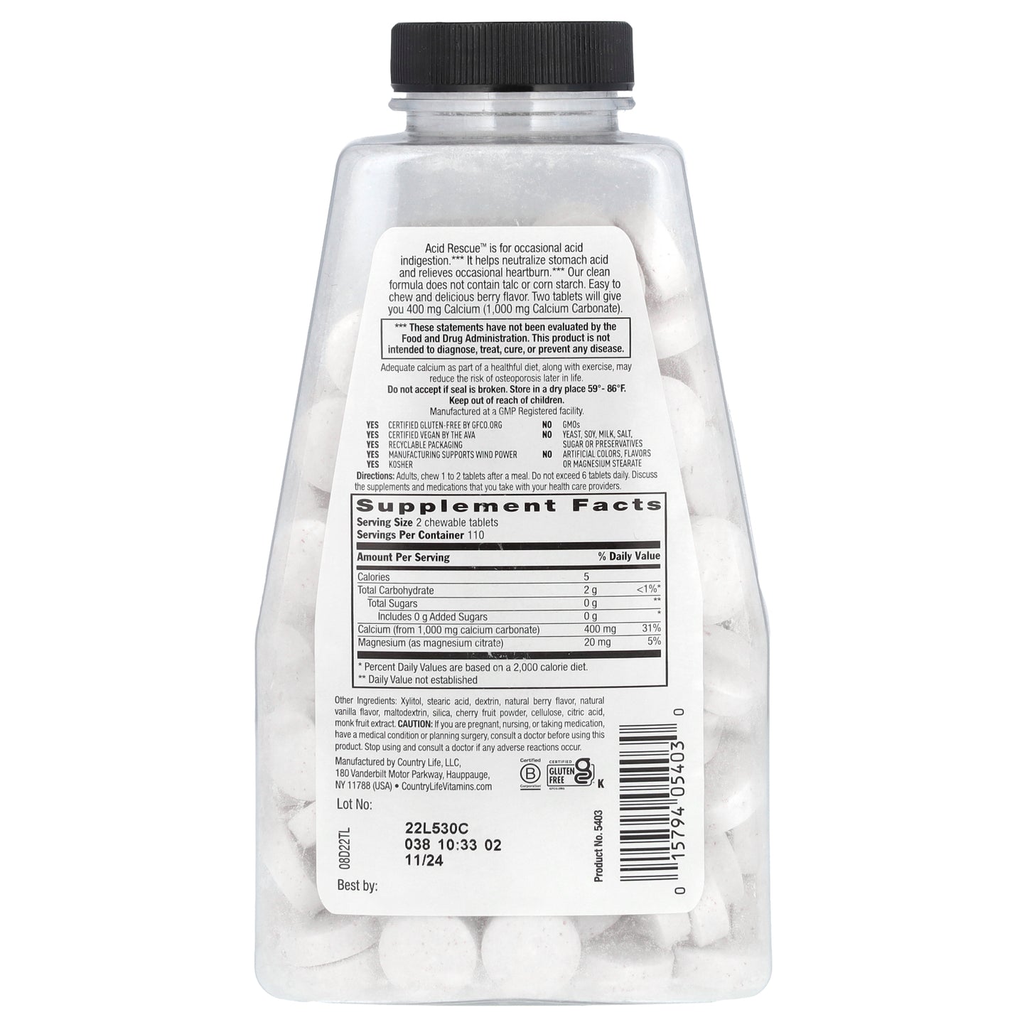 Country Life, Acid Rescue, Calcium Carbonate, Berry, 220 Chewable Tablets