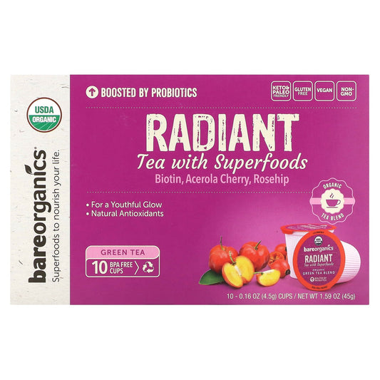 BareOrganics, Radiant, Tea with Superfoods, Green Tea, 10 Cups, 0.16 oz (4.5 g) Each