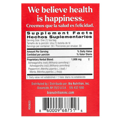 Bio Nutrition, Ashwagandha Tea, Caffeine Free, 30 Tea Bags, 1.7 oz (48.2 g)