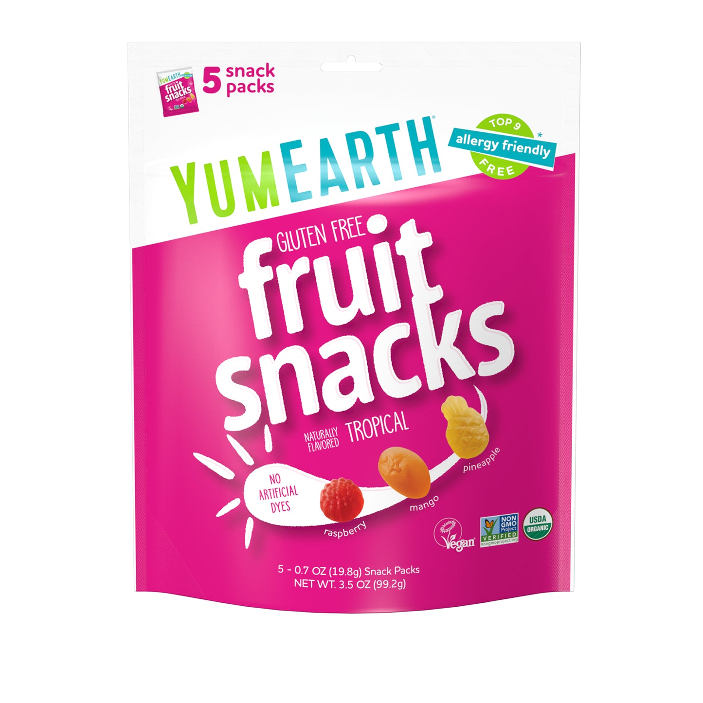YumEarth, Gluten Free Fruit Snacks, Tropical, 5 Snack Packs, 0.7 oz (19.8 g) Each