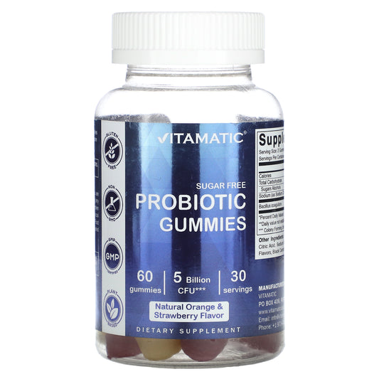 Vitamatic, Probiotic Gummies, Sugar Free, Natural Orange & Strawberry, 5 Billion, 60 Gummies (2.5 Billion CFU per Gummy)