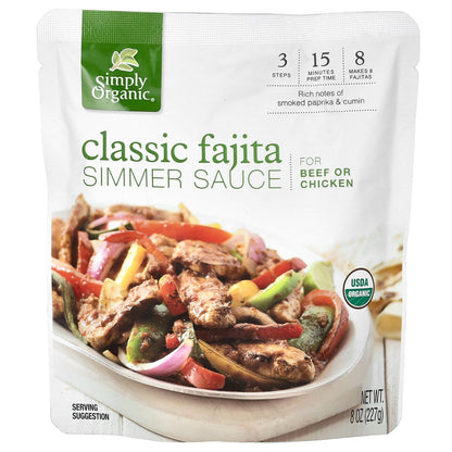 Simply Organic, Classic Fajita Simmer Sauce For Beef or Chicken, 8 oz (227 g)