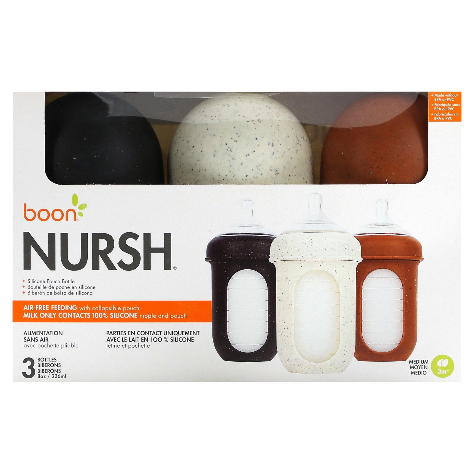 Boon, Nursh, Silicone Pouch Bottle, Medium, 3 Months +, 3 Bottles, 8 oz (236 ml) Each