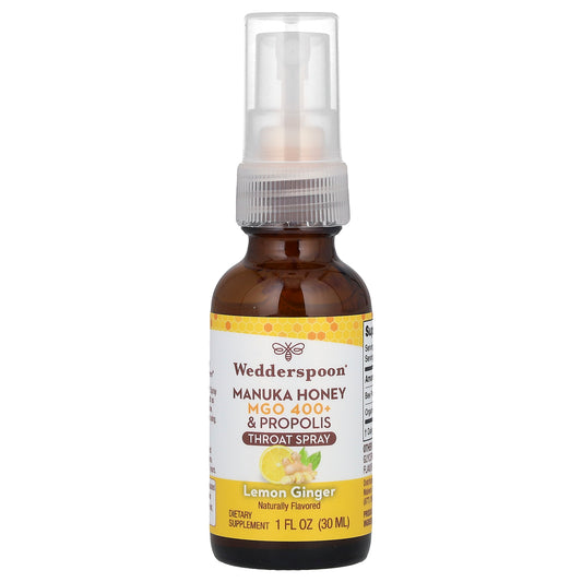 Wedderspoon, Manuka Honey & Propolis Throat Spray, Lemon Ginger, MGO 400+, 1 fl oz (30 ml)