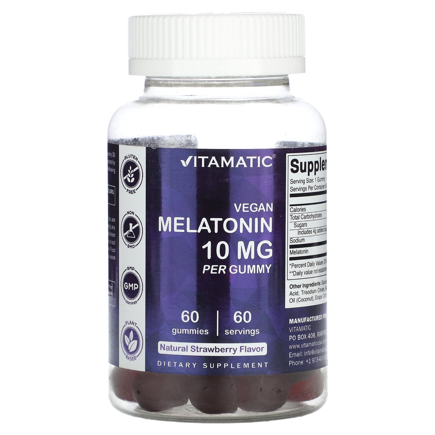 Vitamatic, Vegan Melatonin Gummies, Natural Strawberry, 10 mg, 60 Gummies